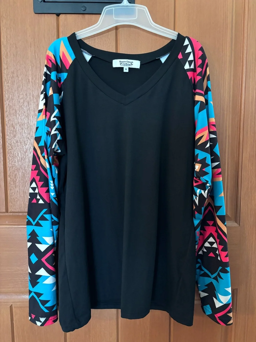 Black V-Neck Pullover with Multicolor Aztec Raglan Sleeves